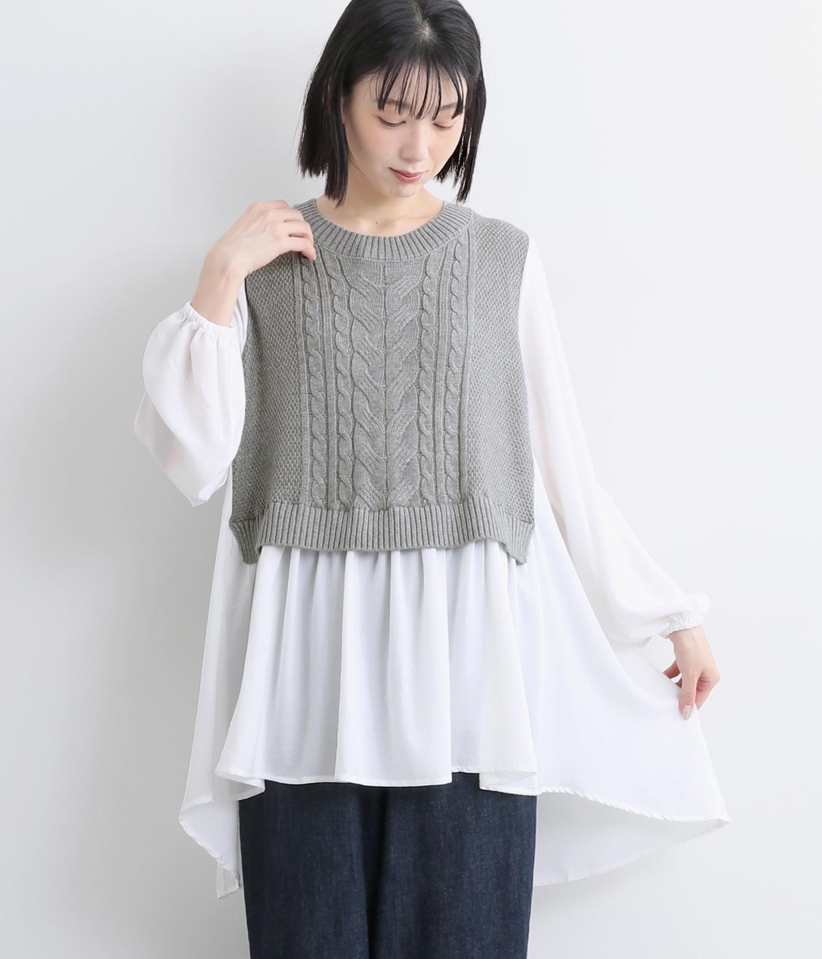 ケーブルニットドッキングチュニック(杢グレー-F)