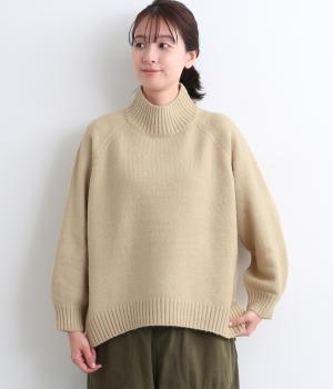 ハイネック立体袖ニットプルオーバー(杢ベージュ-F)