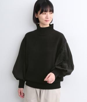 ストレッチプリーツ袖ハイネックニットプルオーバー(ブラック-F)