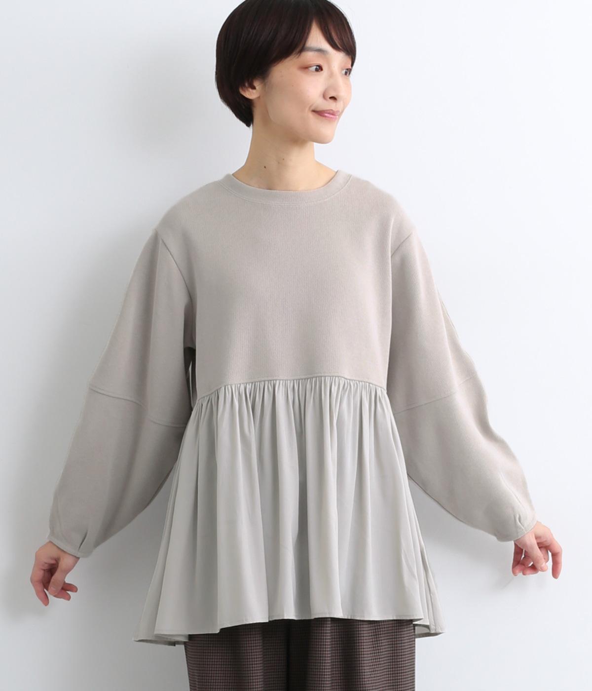 ランタン袖異素材ギャザープルオーバー(グレー-F)
