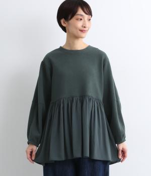 ランタン袖異素材ギャザープルオーバー(グリーン-F)