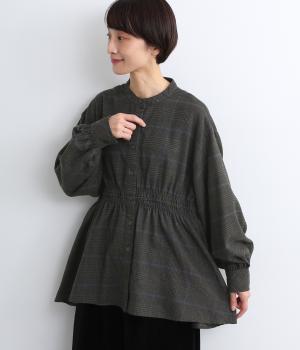 レーヨン起毛チェックウエストギャザーチュニックブラウス(グレーチェック-F)