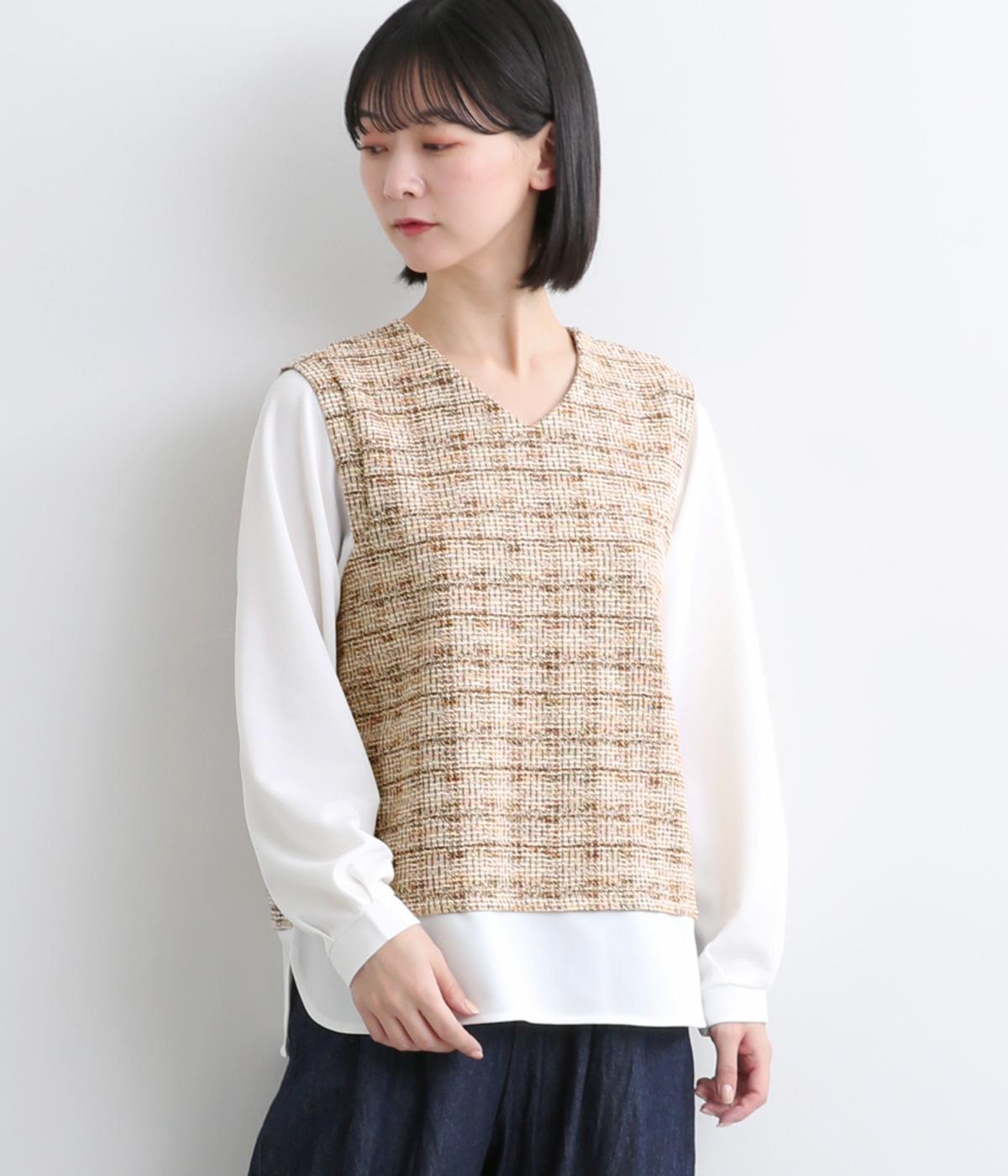 ラメカットツイード異素材レイヤード風プルオーバー(ベージュ-F)
