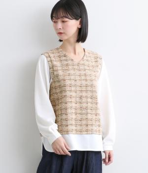 ラメカットツイード異素材レイヤード風プルオーバー(ベージュ-F)