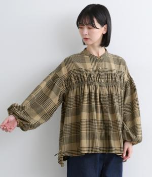 チェック×無地シャーリングブラウス(ベージュチェック-F)