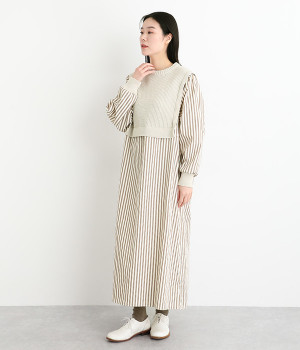 コットンアクリルバルキードッキングワンピース(ベージュ-ONESIZE)