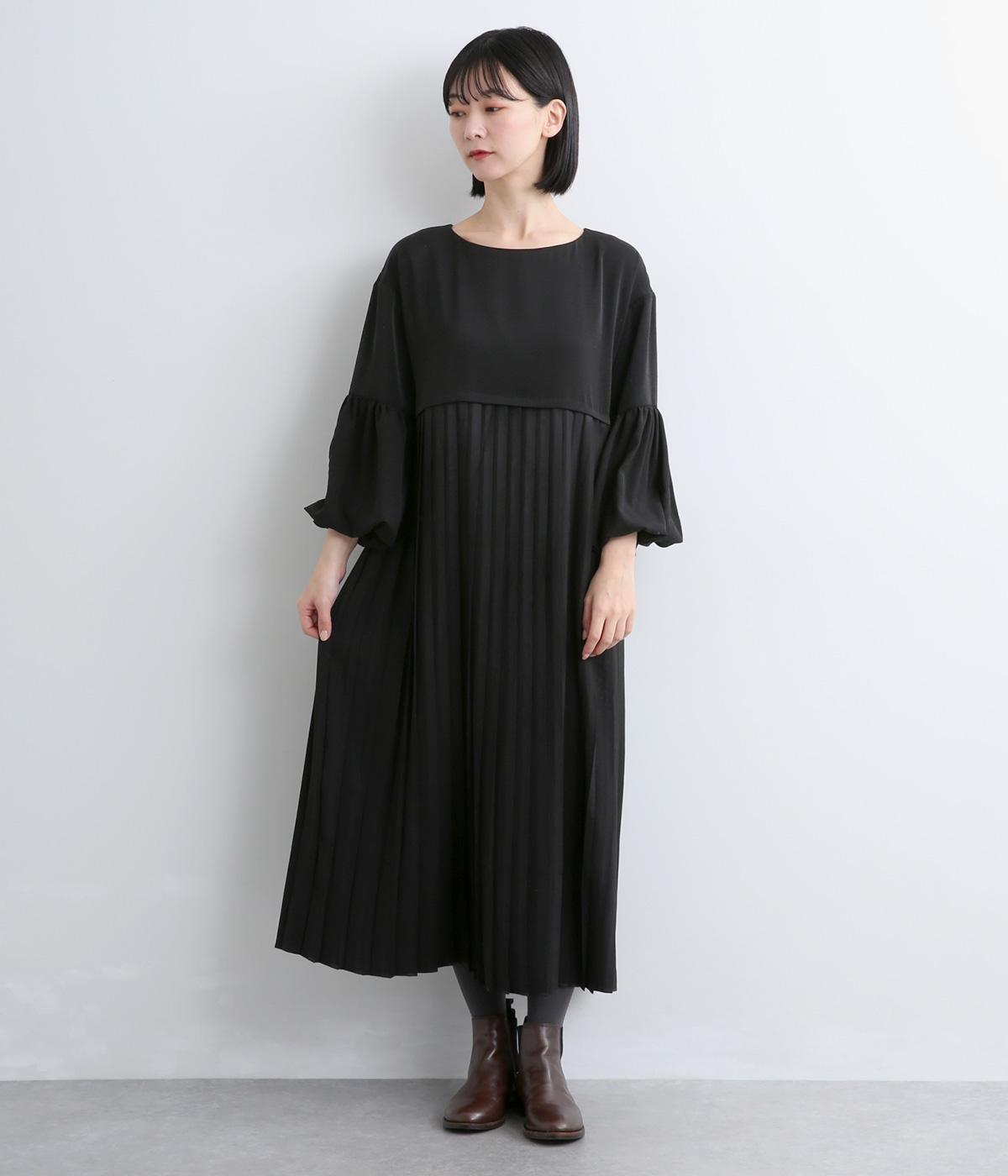 デシンジョーゼットバルーン袖プリーツワンピース(ブラック-F)