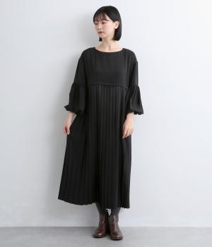 デシンジョーゼットバルーン袖プリーツワンピース(ブラック-F)
