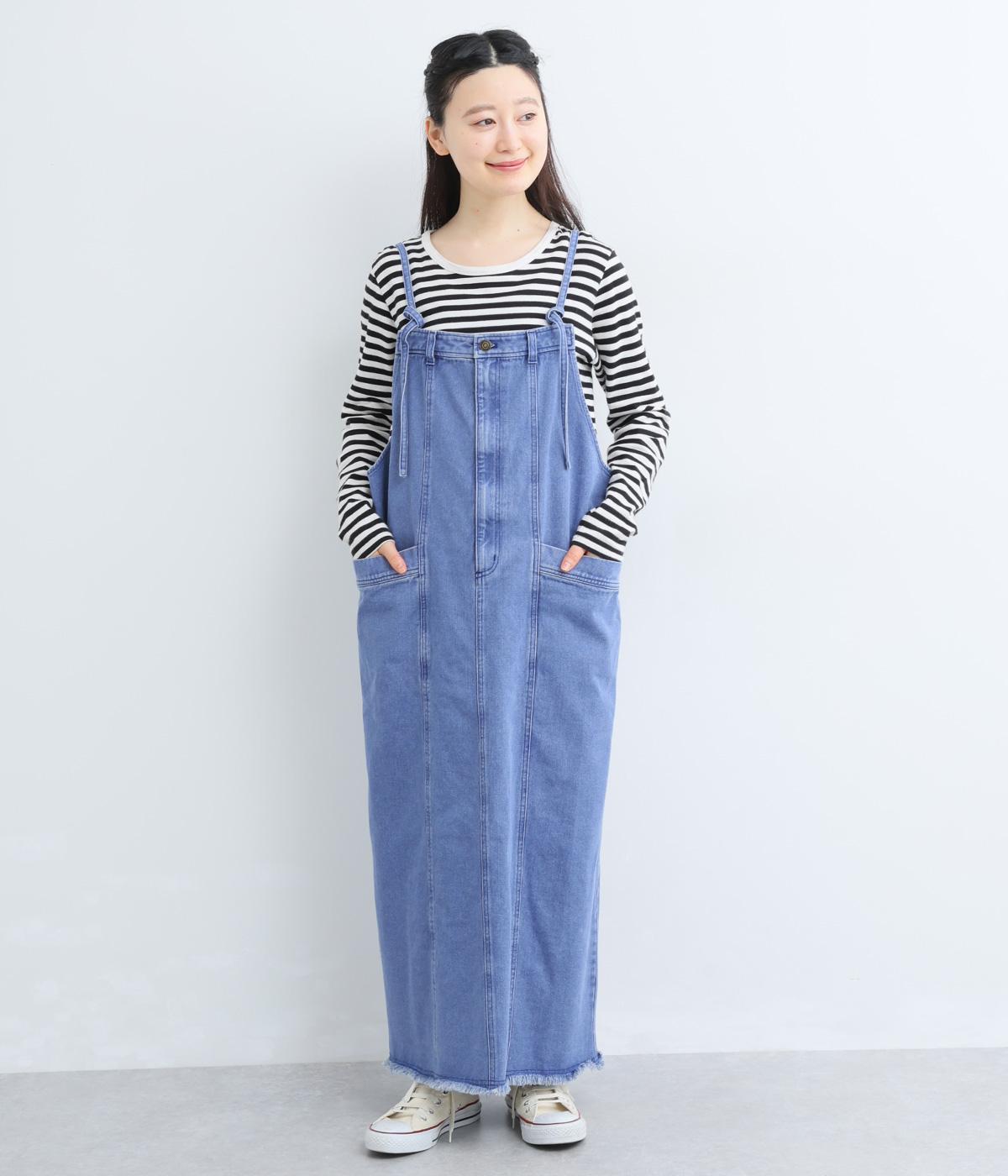 カラーデニム脚長スタイルアップジャンパースカート(ブルー-F)