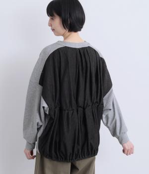 ミニ裏毛×デニムバックシャーリングプルオーバー(チャコールグレー-F)