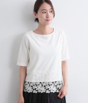 カットジョーゼット裾ケミカルレース5分袖Tシャツ(オフ-F)