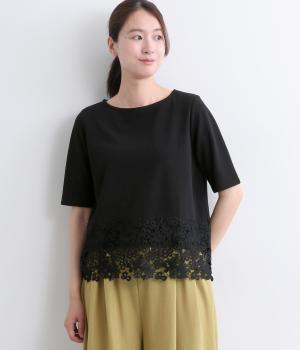 カットジョーゼット裾ケミカルレース5分袖Tシャツ(クロ-F)