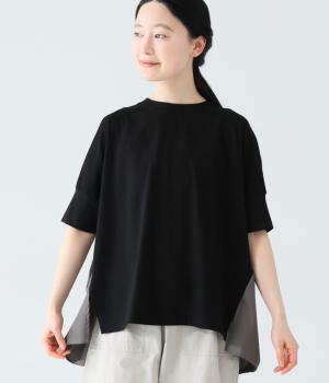 シルケット天竺×ブロード 変形ドルマントップス(クロ-F)
