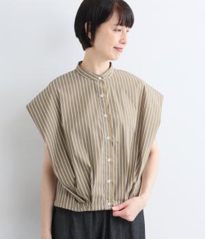 バンドカラー裾ドロスト立体ブラウス(ブラウン-F)