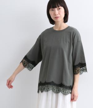 コットンヒゲレース付きTシャツ(チャコールグレー-F)