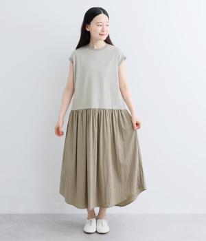 ノースリーブギャザー切替ワンピース(グレー-F)