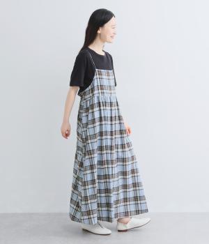 コットンチェック　ボリュームキャミワンピース(サックス-F)