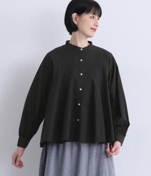 コットンナイロンシアー前後切替フレアブラウス(ブラック-F)
