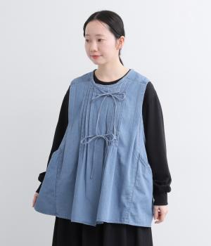 デニムタックノースリーブブラウス(ブルー-F)