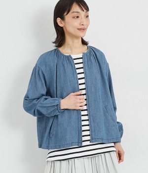 コットンリネンデニムZipブルゾン(ブルー-ONESIZE)