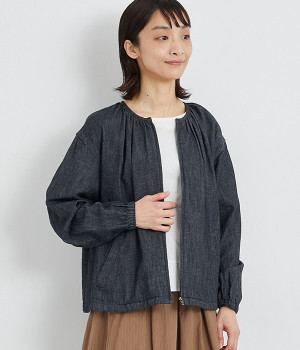 コットンリネンデニムZipブルゾン(ネイビー-ONESIZE)
