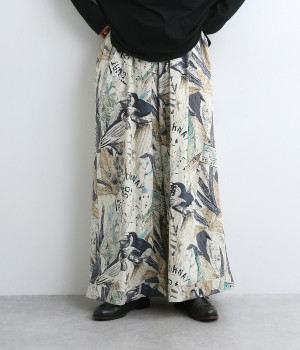 コットンツイルプリントワイドパンツ(グレー鳥柄-ONESIZE)