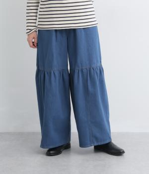 デニム切替ワイドパンツ(ブルー-F)