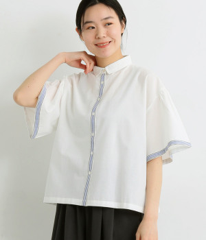 コットンセルビッチシャンブレーギャザー半袖シャツ(ホワイト-ONESIZE)