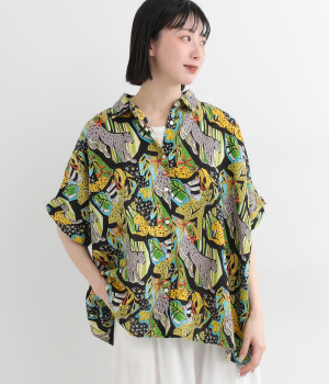 コットンリネンサファリプリントワイドシャツ(ブラック-ONESIZE)