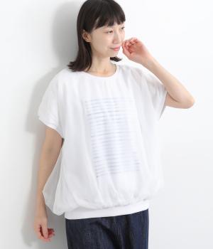 天竺チュール2枚重ねボーダープリントフレンチシャツ(ホワイト×ホワイト-ONESIZE)