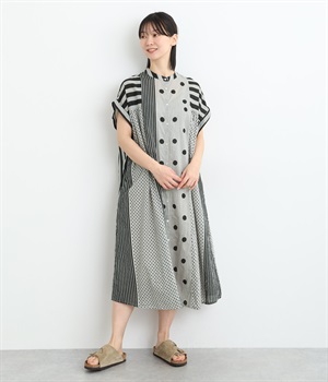 ボイルミックスドットプリントギャザーワンピース(グレー-ONESIZE)