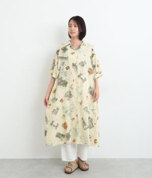 コットンリネンアロハプリント開襟ワンピース(ナチュラル-ONESIZE)