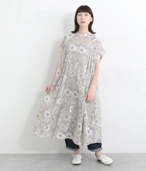 VOIL花柄ストライププリントギャザーワンピース(ベージュ-ONESIZE)