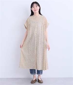 VOILドットプリントギャザーワンピース(グレー-ONESIZE)