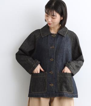 コットンリネンデニムジャケット(ネイビー×ブラック-F)