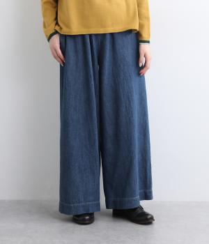 コットンリネンデニムワイドパンツ(ブルー-F)