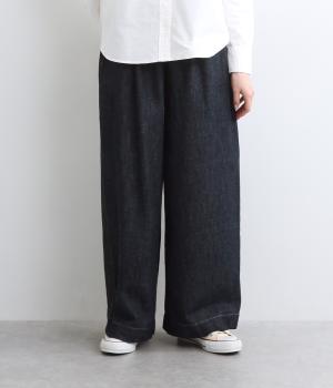 コットンリネンデニムワイドパンツ(ネイビー×ブラック-F)