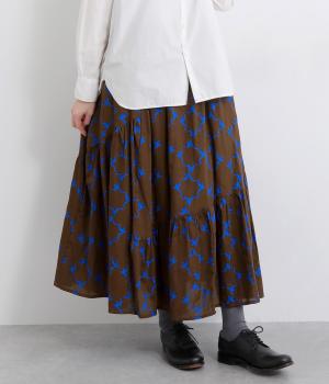 コードコットンカモメプリントランダムティアードスカート(ブラウン-F)