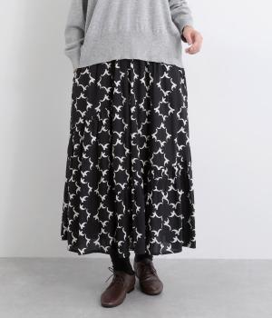 コードコットンカモメプリントランダムティアードスカート(ブラック-F)