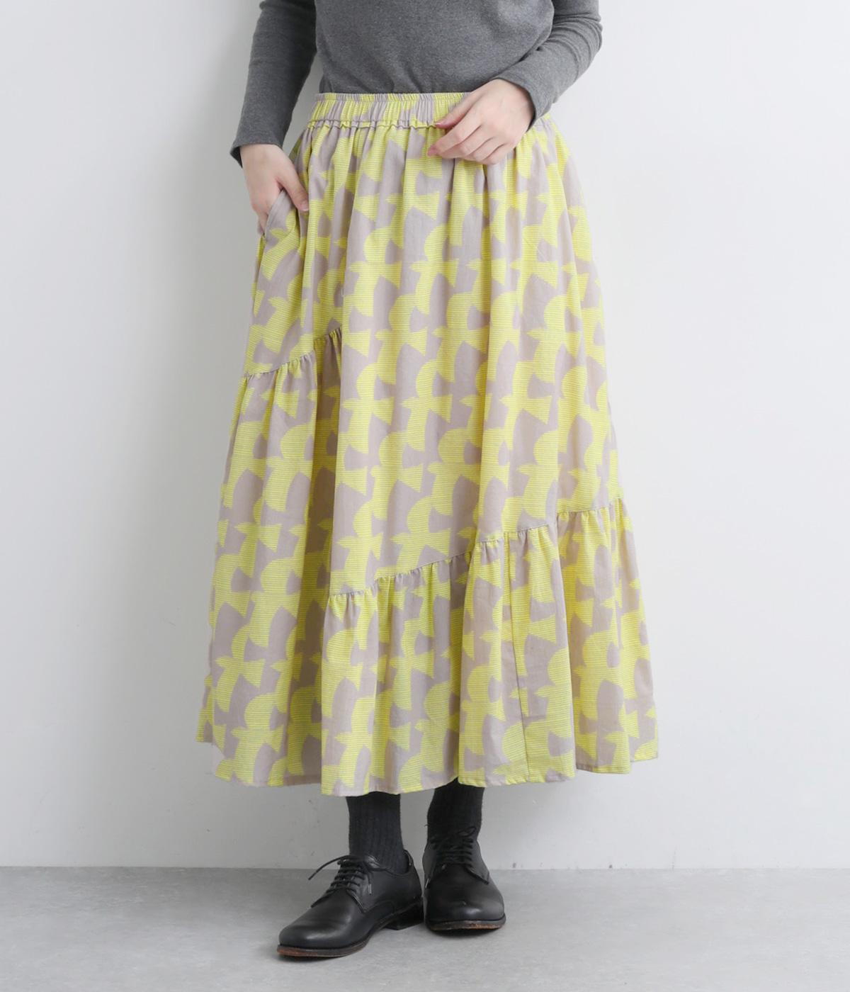 ヴィンテージ加工鳥プリントランダムティアードスカート(グレイ-F)