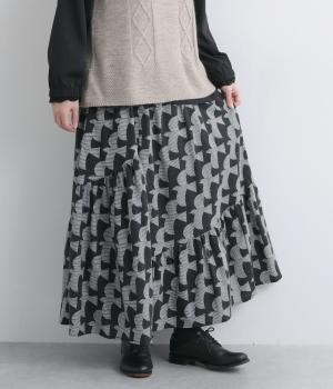 ヴィンテージ加工鳥プリントランダムティアードスカート(ブラック×ホワイト-F)