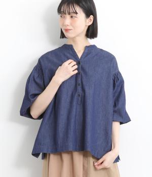 デニムバルーンシャツプルオーバー6分袖(ネイビー-F)