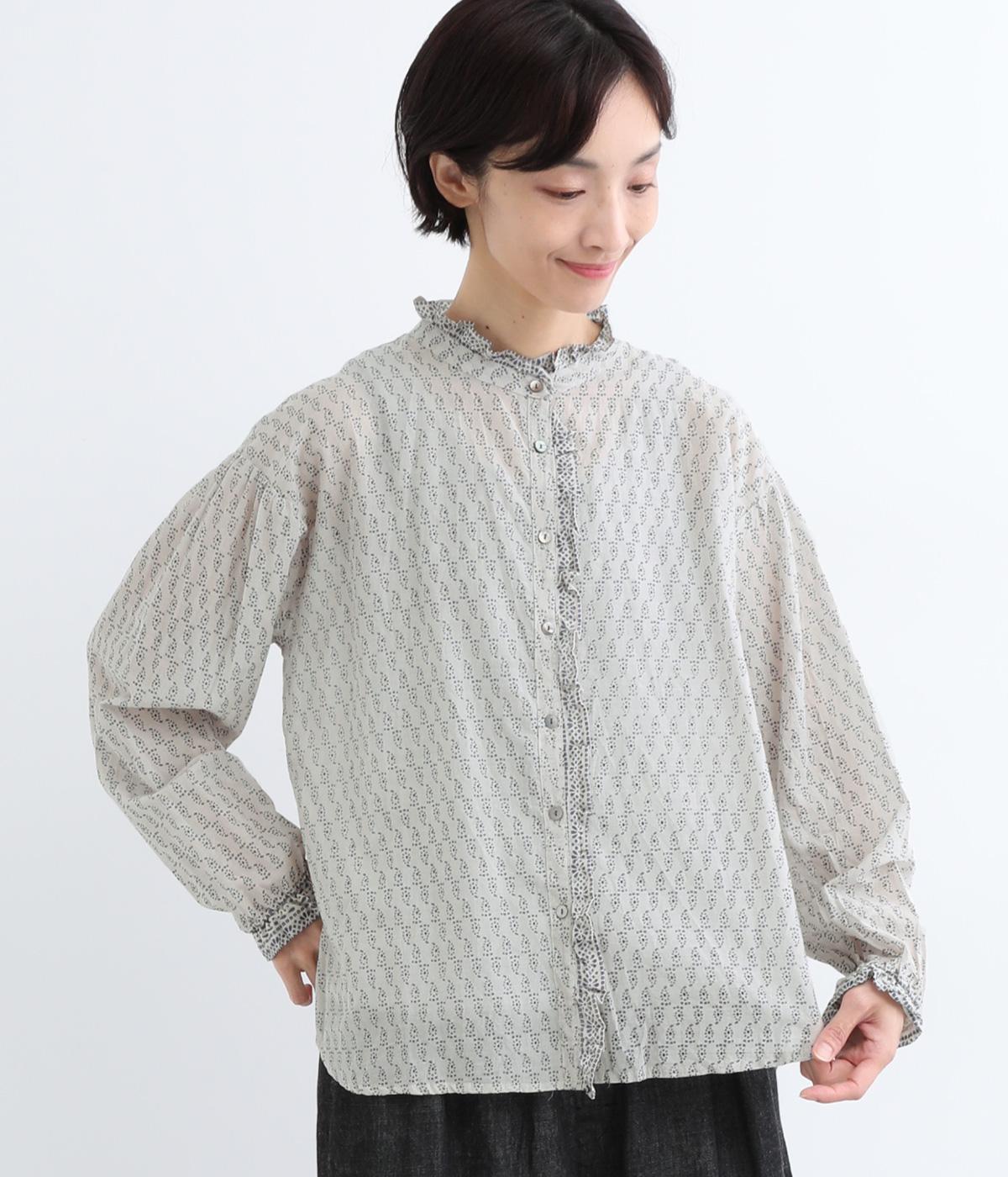 ブロックプリントフリルシャツ(グレー-F)