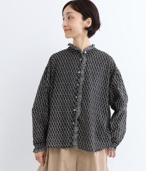 ブロックプリントフリルシャツ(ブラック-F)