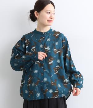 ボイル花柄プリント長袖シャツ(ブルー-F)