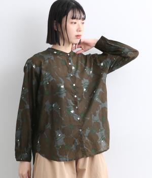 ボイル花柄プリント長袖シャツ(ブラウン-F)