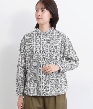 コードコットンプリント長袖シャツ(ブラック-F)