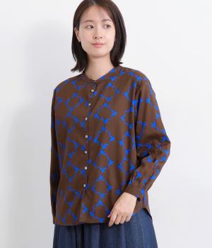 コードコットンカモメプリント長袖シャツ(ブラウン-F)
