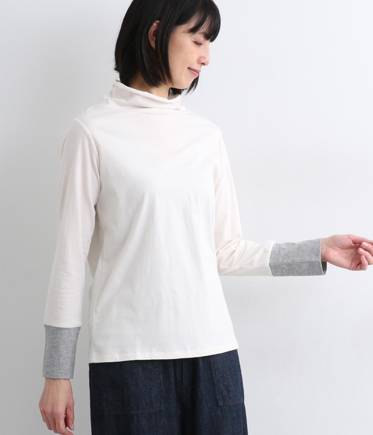 天竺配色ハイネック(ホワイト×チャコールグレイ-F)