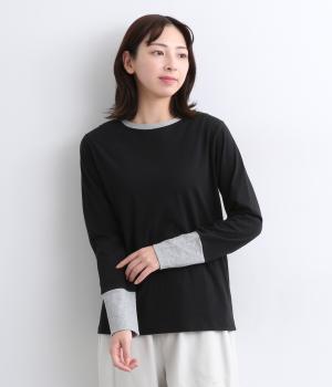 天竺配色クルーネック(ブラック×チャコールグレイ-F)